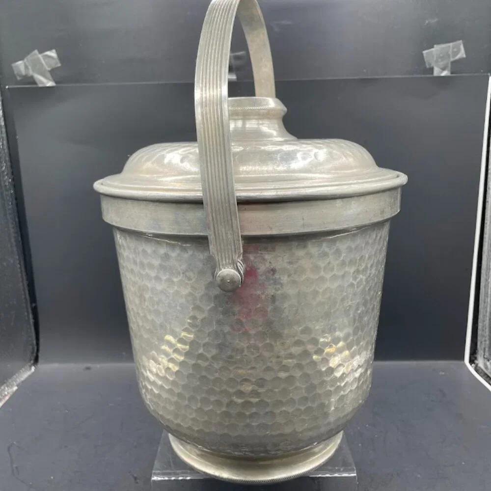 Hammered Aluminum Ice Bucket with Lid Made in Italy Vintage Barware